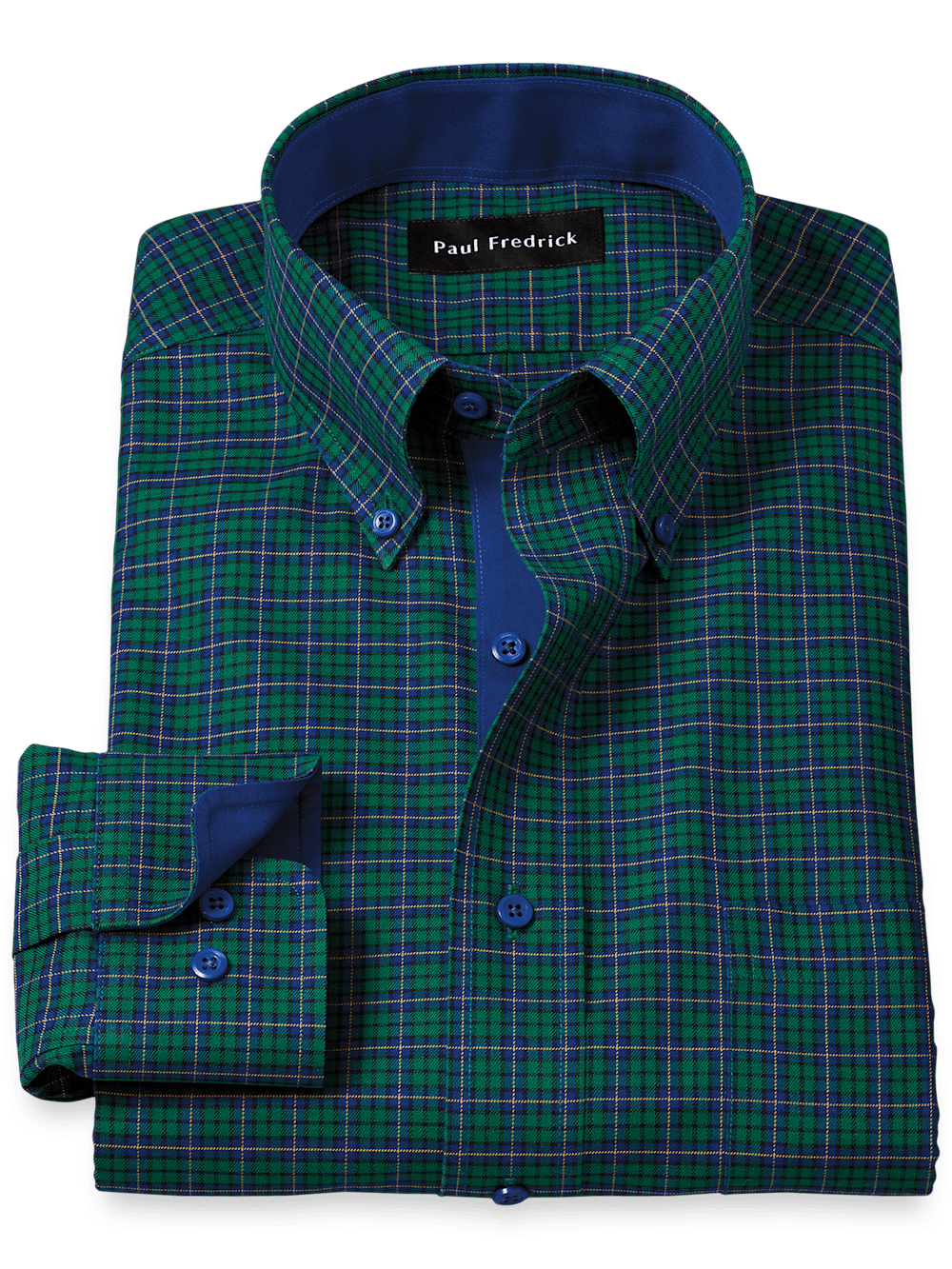 Product Image of Non-iron Cotton Plaid Dress Shirt With Contrast Trim-Green/Blue