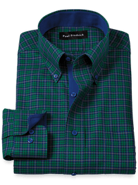 Non-Iron Cotton Plaid Dress Shirt With Contrast Trim - Green/blue