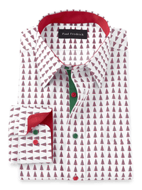 Non-Iron Cotton Christmas Tree Dress Shirt With Contrast Trim - Red/green