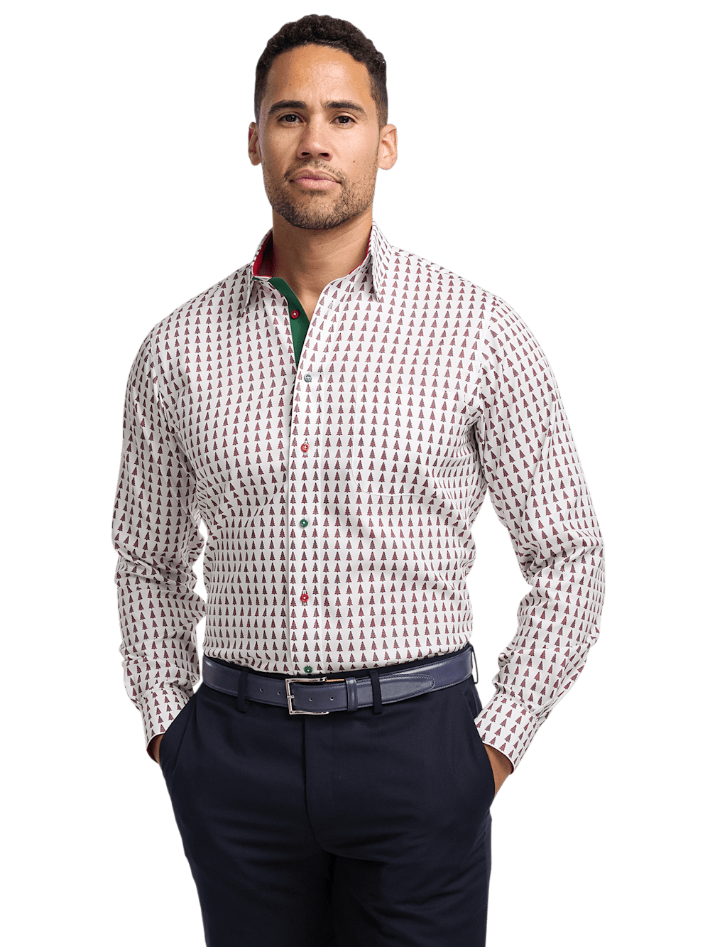 Alternate Image of Non-iron Cotton Christmas Tree Dress Shirt With Contrast Trim-1