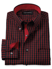 Non-Iron Cotton Check Dress Shirt With Contrast Trim - Black/red