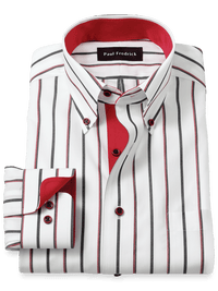 Non-Iron Cotton Stripe Dress Shirt With Contrast Trim - Black/red