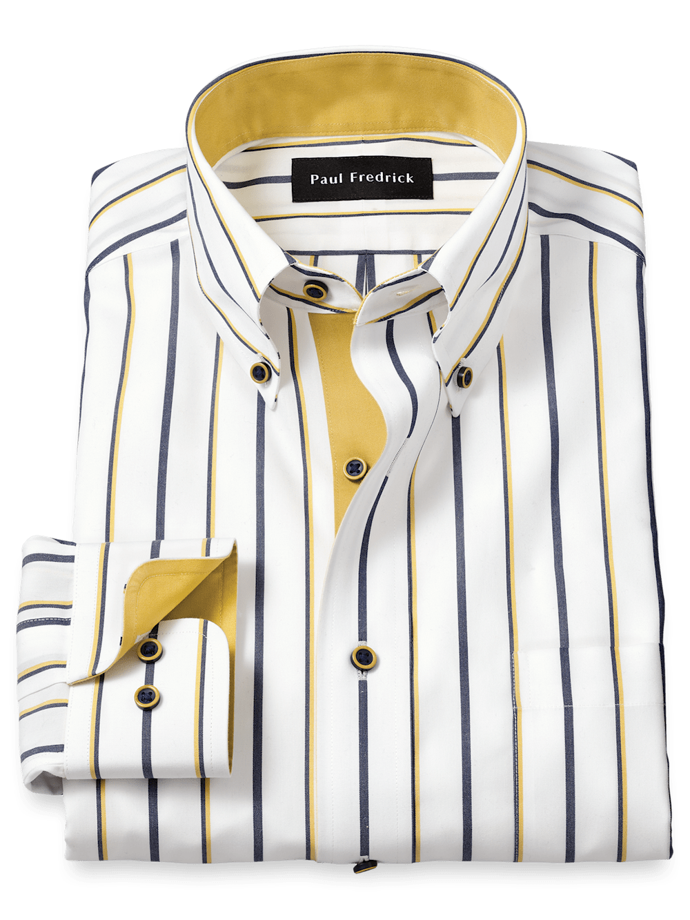 Product Image of Non-iron Cotton Stripe Dress Shirt With Contrast Trim-Navy/Gold