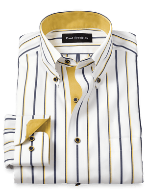 Non-Iron Cotton Stripe Dress Shirt With Contrast Trim - Navy/gold