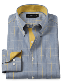 Non-Iron Cotton Glen Plaid Dress Shirt With Contrast Trim - Navy/gold