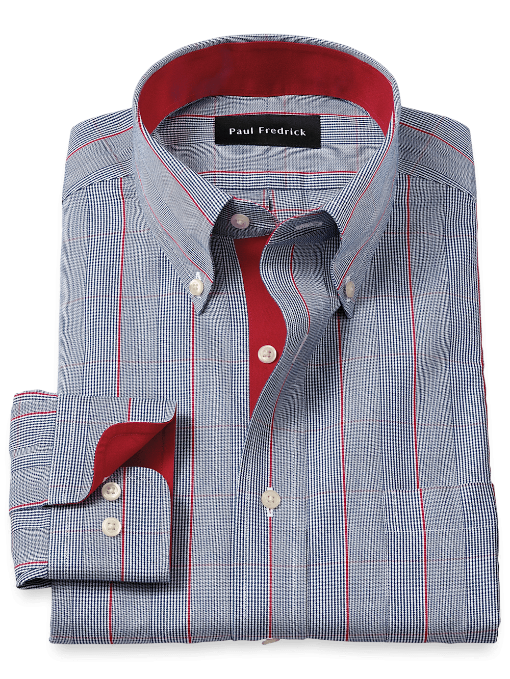 Product Image of Non-iron Cotton Glen Plaid Dress Shirt With Contrast Trim-Navy/Red