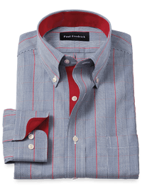 Non-Iron Cotton Glen Plaid Dress Shirt With Contrast Trim - Navy/red