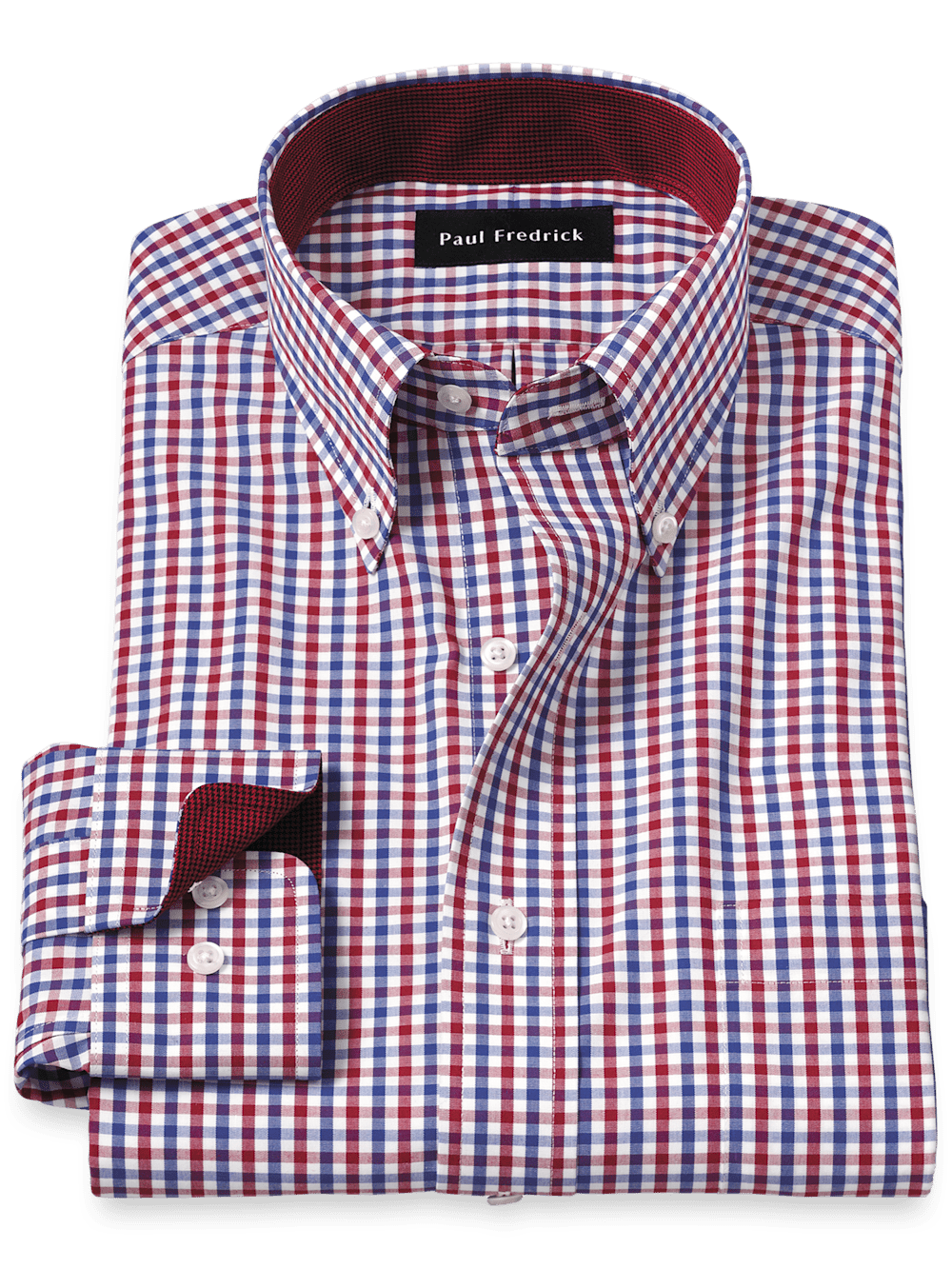 Product Image of Non-iron Cotton Gingham Dress Shirt With Contrast Trim-Blue/Red