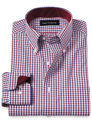 Non-Iron Cotton Gingham Dress Shirt With Contrast Trim - Blue/red