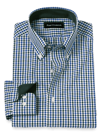 Non-Iron Cotton Gingham Dress Shirt With Contrast Trim - Blue/green