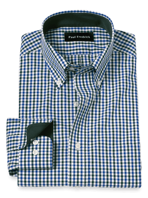 Non-Iron Cotton Gingham Dress Shirt With Contrast Trim - Blue/green