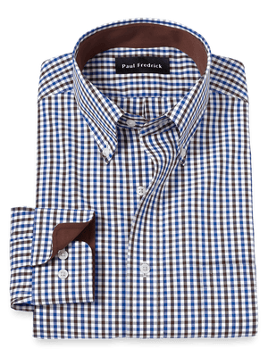 Non-Iron Cotton Gingham Dress Shirt With Contrast Trim - Blue/brown