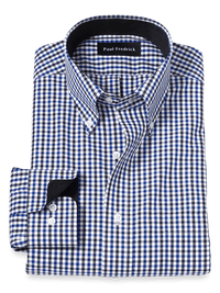 Non-Iron Cotton Gingham Dress Shirt With Contrast Trim - Blue/black