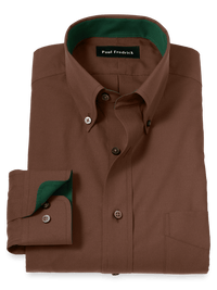 Non-Iron Cotton Solid Dress Shirt With Contrast Trim - Brown