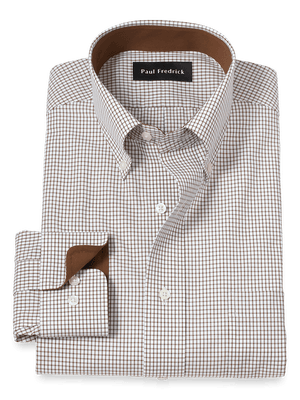 Non-Iron Cotton Check Dress Shirt With Contrast Trim - Brown/white