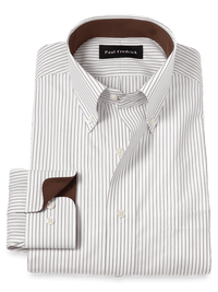 Non-Iron Cotton Stripe Dress Shirt With Contrast Trim - Brown