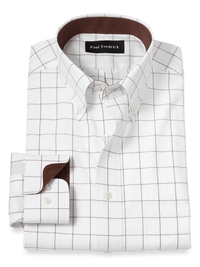 Non-Iron Cotton Windowpane Dress Shirt With Contrast Trim - Brown