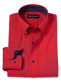 Non-Iron Cotton Stripe Dress Shirt With Contrast Trim - Red