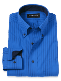 Non-Iron Cotton Stripe Dress Shirt With Contrast Trim - Blue