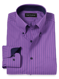 Non-Iron Cotton Stripe Dress Shirt With Contrast Trim - Purple