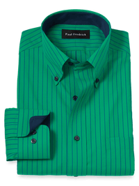 Non-Iron Cotton Stripe Dress Shirt With Contrast Trim - Green