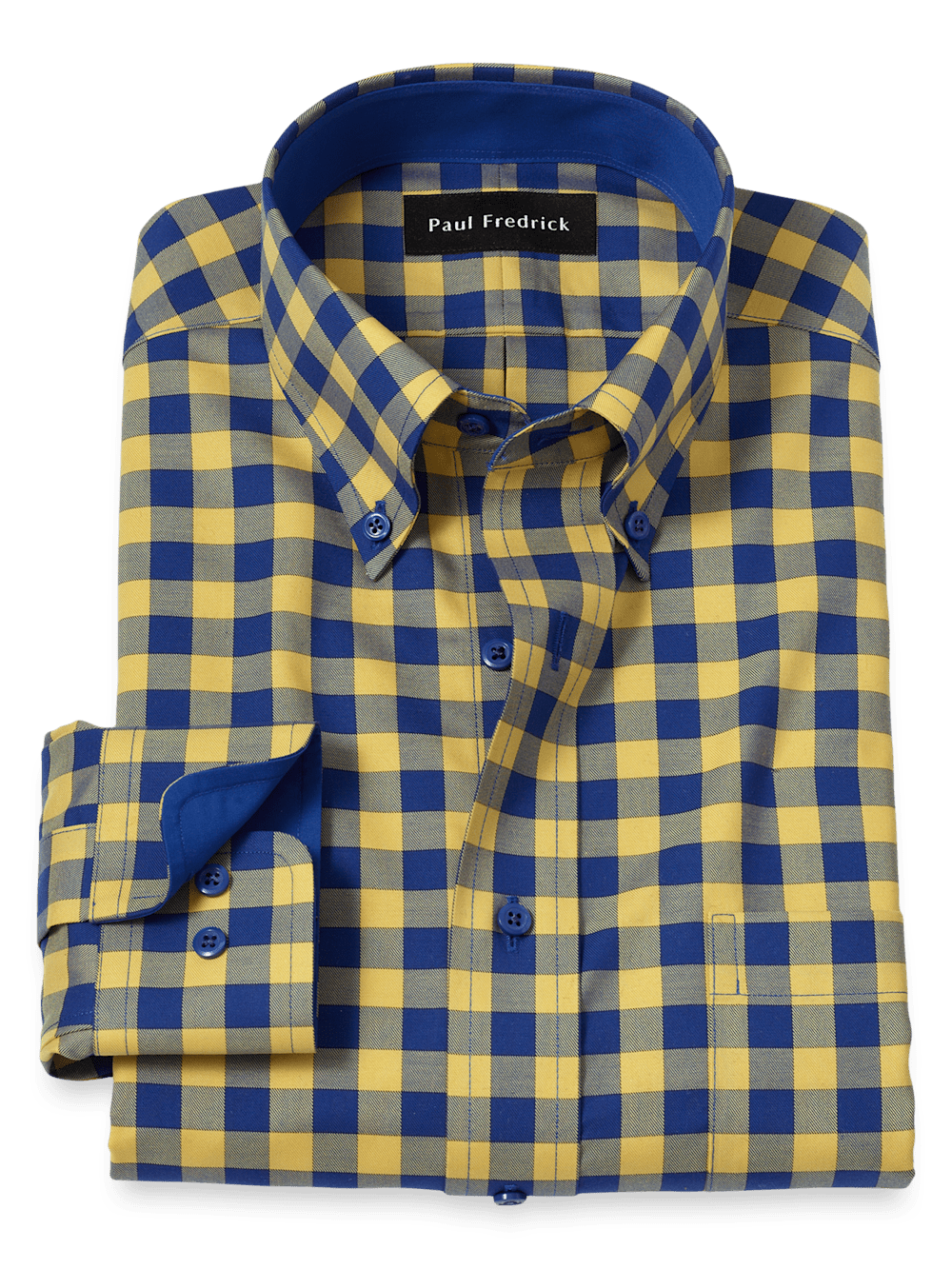 Product Image of Non-iron Cotton Gingham Dress Shirt With Contrast Trim-Blue/Yellow