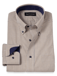 Non-Iron Cotton Check Dress Shirt With Contrast Trim - Navy/gold