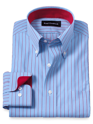 Non-Iron Cotton Stripe Dress Shirt With Contrast Trim - Blue/red