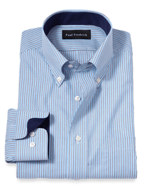 Non-Iron Cotton Stripe Dress Shirt With Contrast Trim - Blue