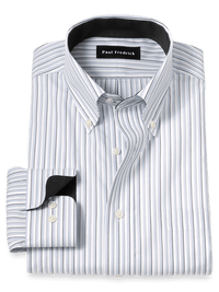 Non-Iron Cotton Stripe Dress Shirt With Contrast Trim - Grey/white