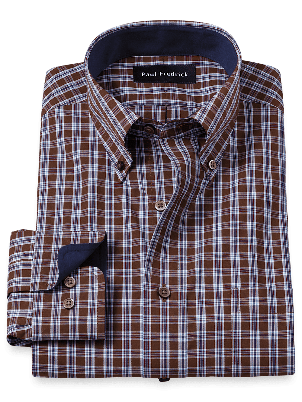 Product Image of Non-iron Cotton Plaid Dress Shirt With Contrast Trim-Brown/Blue