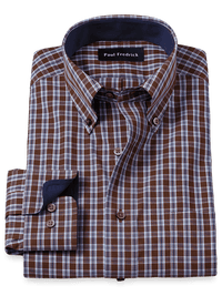 Non-Iron Cotton Plaid Dress Shirt With Contrast Trim - Brown/blue