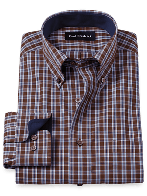 Non-Iron Cotton Plaid Dress Shirt With Contrast Trim - Brown/blue