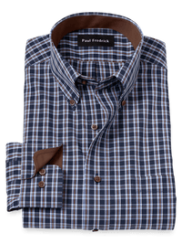 Non-Iron Cotton Plaid Dress Shirt With Contrast Trim - Navy/brown