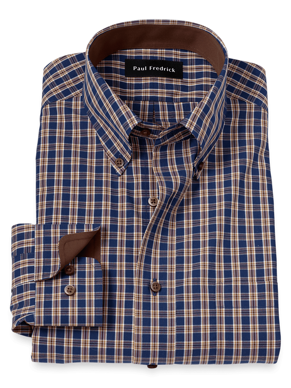 Product Image of Non-iron Cotton Plaid Dress Shirt With Contrast Trim-Blue/Brown