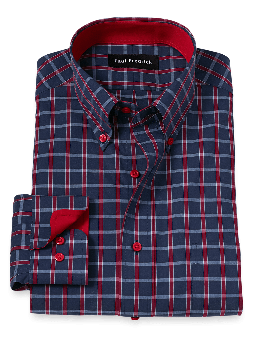 Product Image of Non-iron Cotton Plaid Dress Shirt With Contrast Trim-Navy/Red