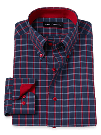 Non-Iron Cotton Plaid Dress Shirt With Contrast Trim - Navy/red