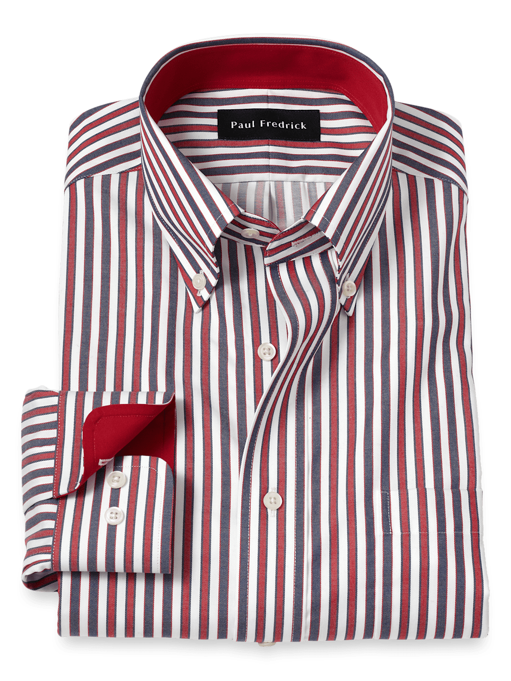 Product Image of Non-iron Cotton Stripe Dress Shirt With Contrast Trim-Navy/Red