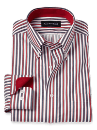 Non-Iron Cotton Stripe Dress Shirt With Contrast Trim - Navy/red