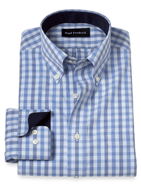 Non-Iron Cotton Plaid Dress Shirt With Contrast Trim - Blue