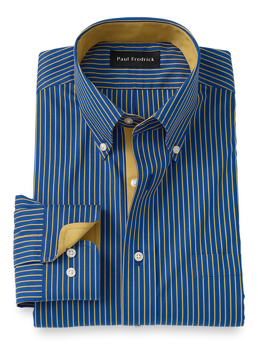 Product Image of Non-iron Cotton Stripe Dress Shirt With Contrast Trim-Navy/Gold