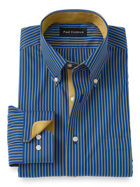 Non-Iron Cotton Stripe Dress Shirt With Contrast Trim - Navy/gold