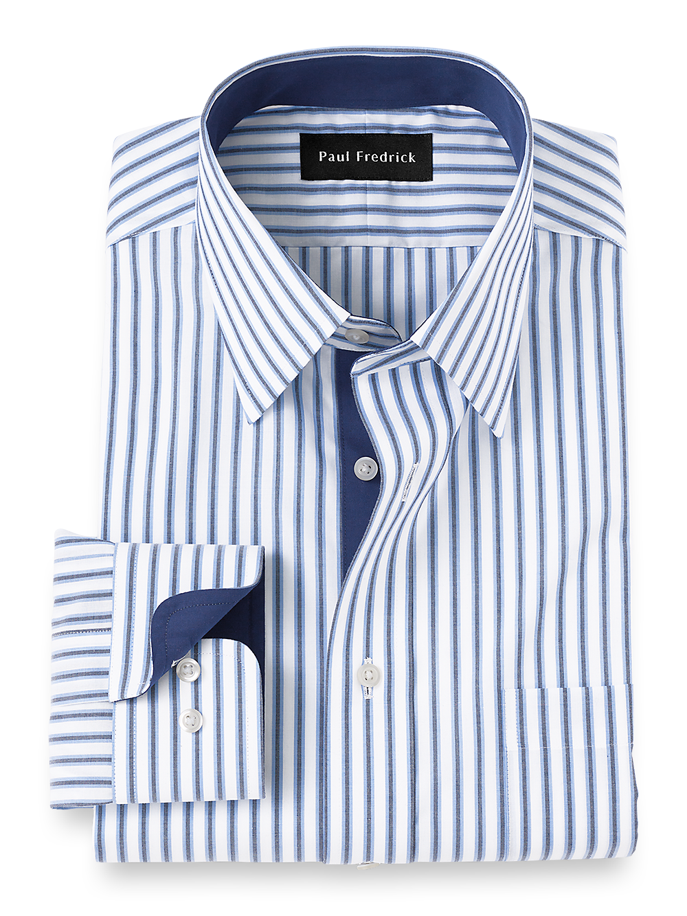 Product Image of Non-iron Cotton Stripe Dress Shirt With Contrast Trim-Blue