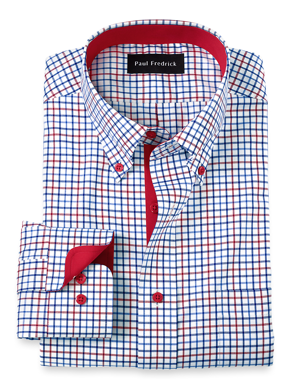 Product Image of Non-iron Cotton Tattersall Dress Shirt With Contrast Trim-Blue/Red