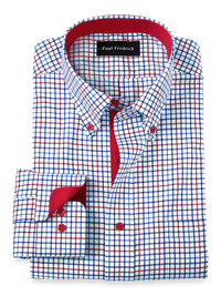 Non-Iron Cotton Tattersall Dress Shirt With Contrast Trim - Blue/red