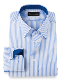 Non-Iron Cotton Stripe Dress Shirt With Contrast Trim - Blue