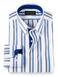 Non-Iron Cotton Stripe Dress Shirt With Contrast Trim - Blue