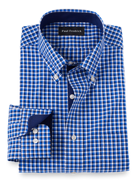 Non-Iron Cotton Check Dress Shirt With Contrast Trim - Cobalt