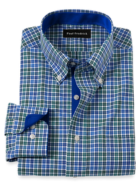 Non-Iron Cotton Check Dress Shirt With Contrast Trim - Blue/green