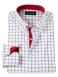 Non-Iron Cotton Check Dress Shirt With Contrast Trim - Blue/red